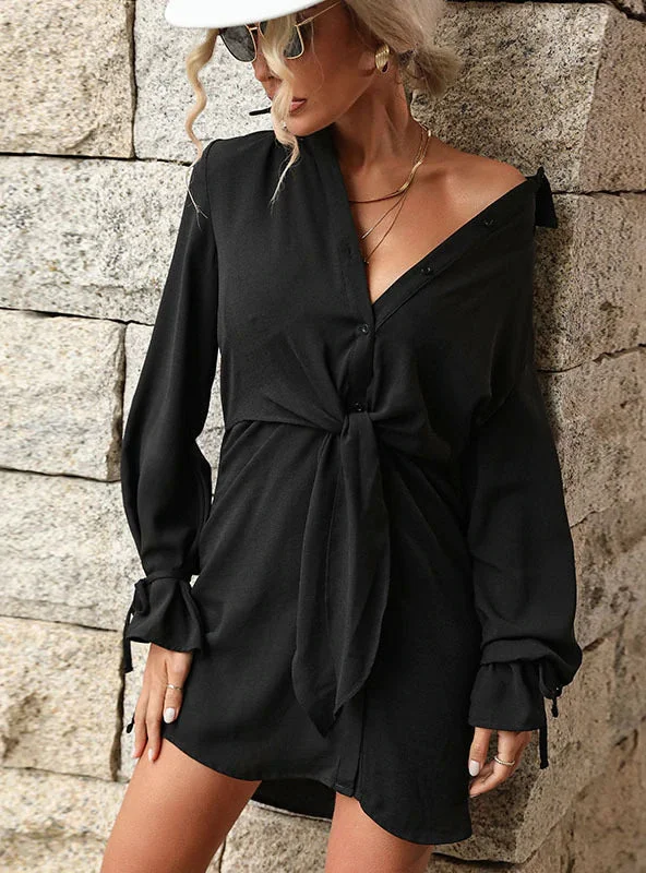 Women's shirt dress lightweight linen -TastyHottie - CARDIGAN LAPEL LONG SLEEVE KNOTTED SHIRT DRESS