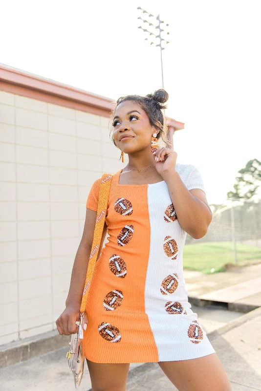 Ladies mini dress ruffle hem -Orange & White Football Knit Mini Dress