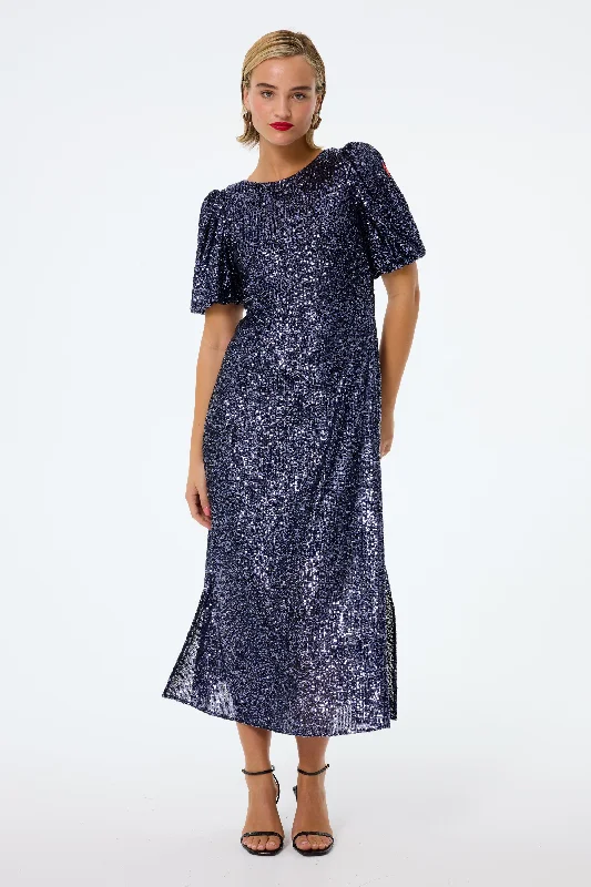 Women's midi dress tie front -Navy Sequin Puff Sleeve Midi Dress