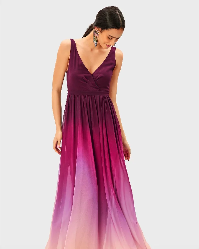 Ladies maxi dress flowy -Ombre Print Georgette Maxi Dress | Purple