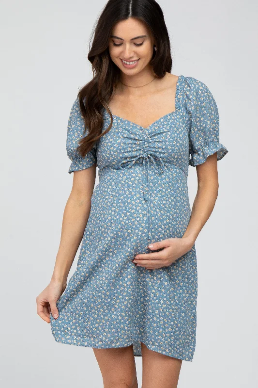 Women's maternity dress front slit -Blue Floral Cinched Sweetheart Neck Maternity Dress