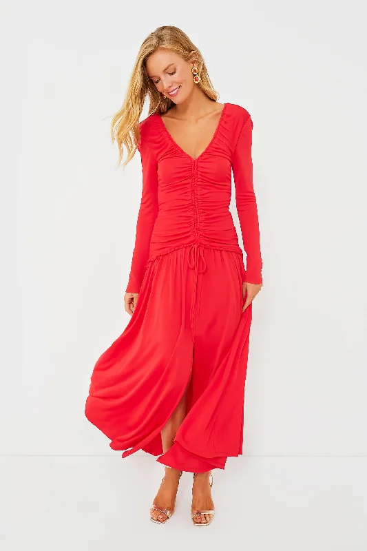 Women's midi dress sparkle -Red V Neck Long Sleeve Midi Dress