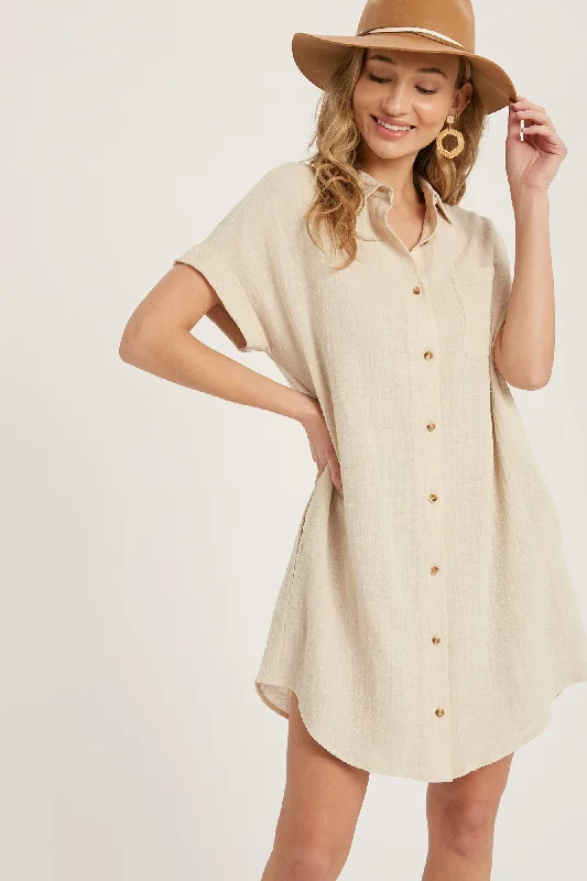 Women's shirt dress earthy tones -Beige Button Up Shirt Dress With Pocket