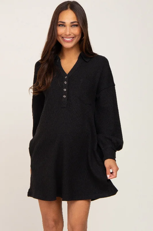 Women's maternity dress elegant -Black Waffle Knit Collared Long Sleeve Maternity Dress