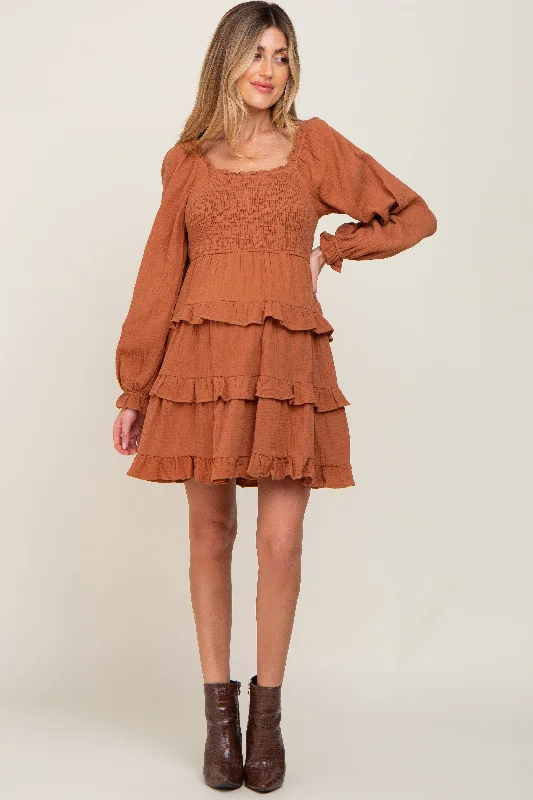 Women's maternity dress hospital -Camel Smocked Ruffle Tiered Long Sleeve Maternity Dress