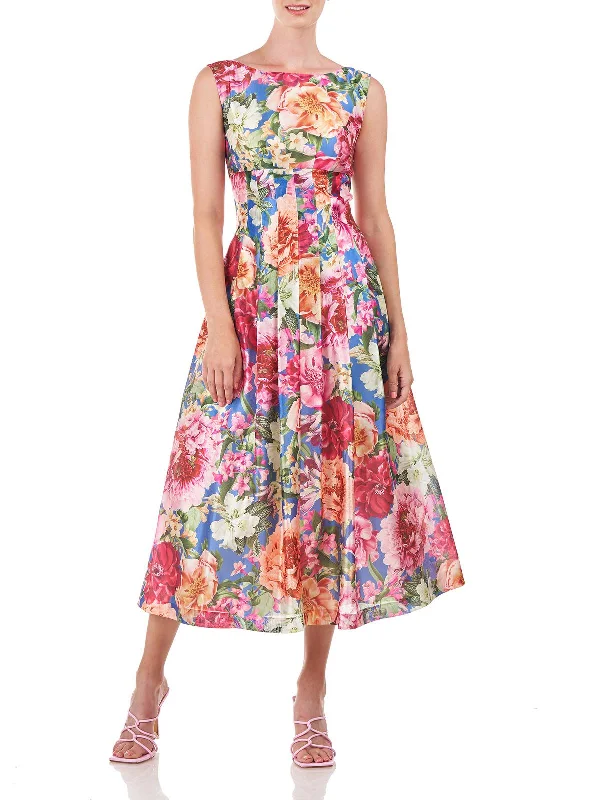 Ladies party dress fit and flare -Womens Floral Pleated Cocktail and Party Dress