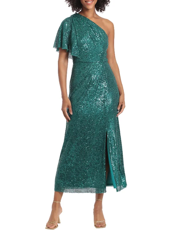 Ladies party dress belted -Womens Sequined One-shoulder Cocktail and Party Dress