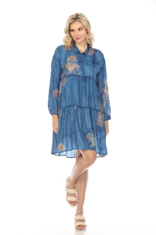 Women's shirt dress relaxed green -Johnny Was Biya Blue Sascha Silk Tiered Shirt Dress Boho Chic B31524