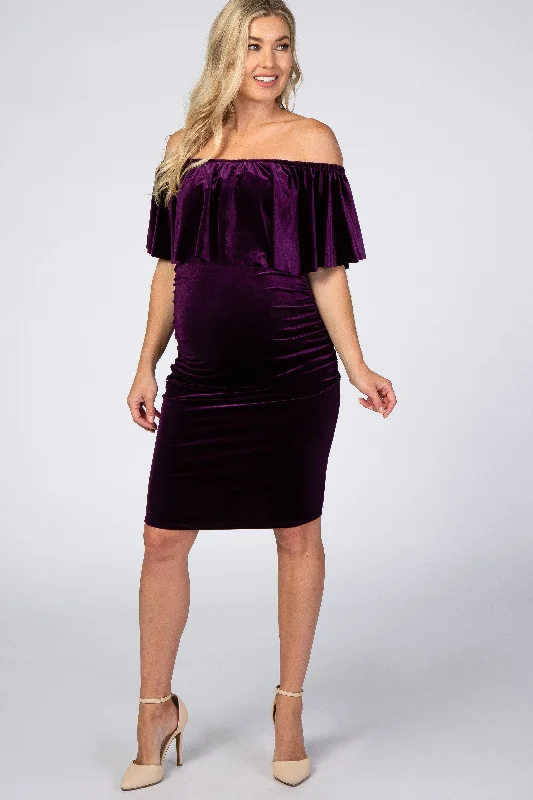 Women's maternity dress adjustable -Purple Velvet Off Shoulder Fitted Maternity Dress