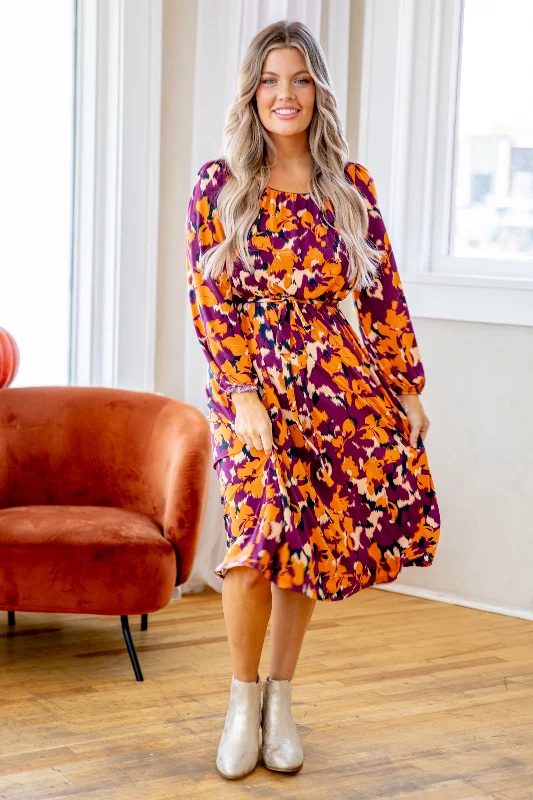 Women's midi dress warm weather -Berry and Orange Floral Print Midi Dress