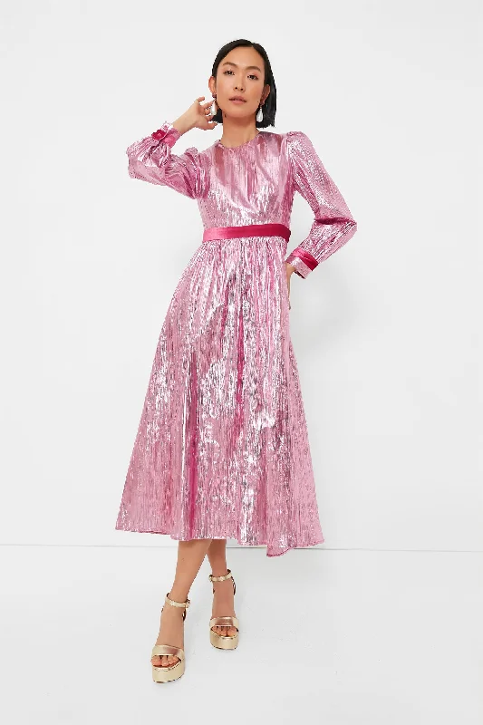 Women's midi dress knitted -Pink Metallic Plisse Eloise Midi Dress