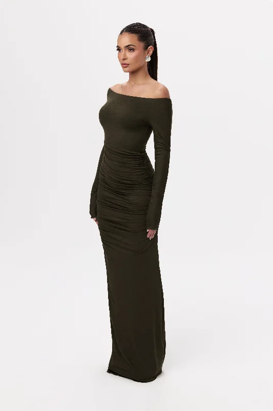 Ladies maxi dress illusion neck -NW Off-Shoulder Ruched Maxi Dress