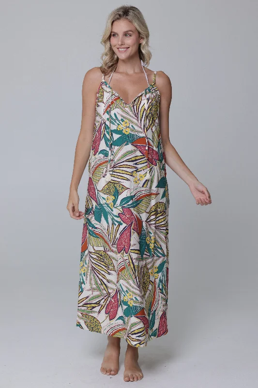 Ladies maxi dress soft -Funky Palm Strappy Tie-Front Maxi Dress