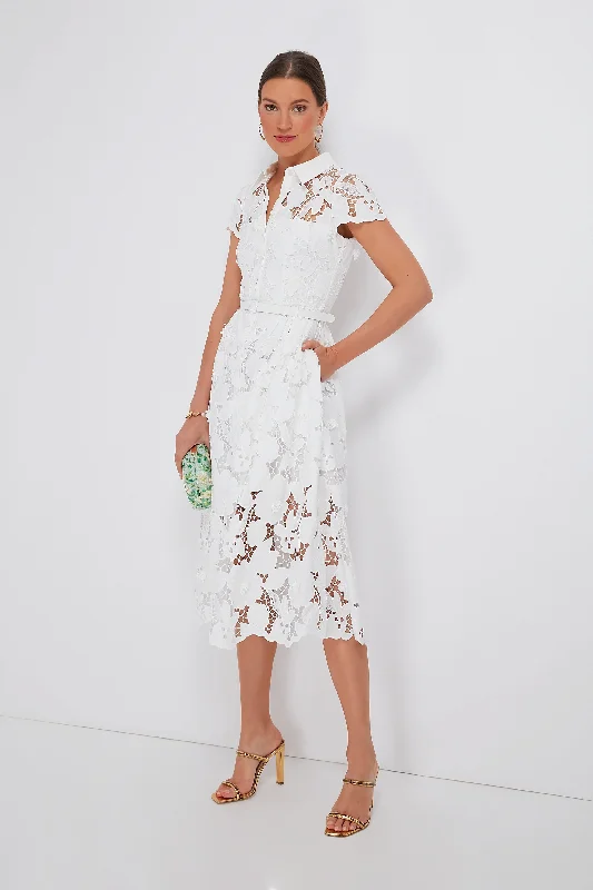 Women's midi dress perforated -White 3D Cotton Lace Midi Dress