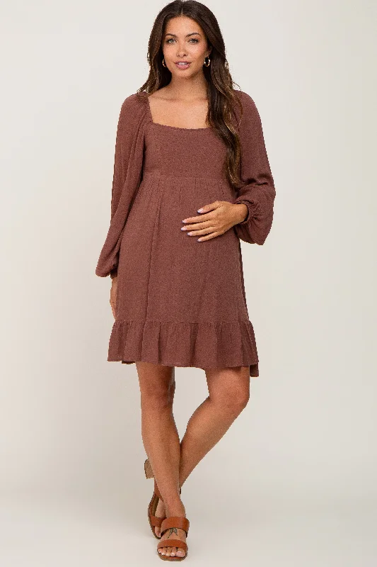 Women's maternity dress layered -Brown Square Neck Puff Long Sleeve Maternity Dress