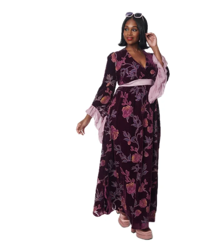 Ladies maxi dress earthy -Unique Vintage Purple Floral Burnout Velvet Maxi Dress | Purple Floral