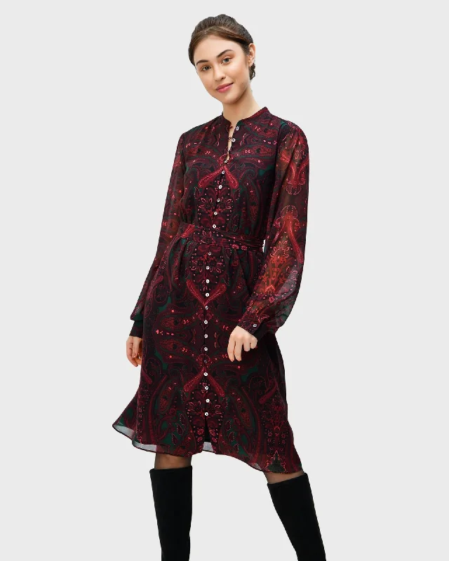 Women's shirt dress casual teal -Paisley scarf print georgette shirtdress | Black multi