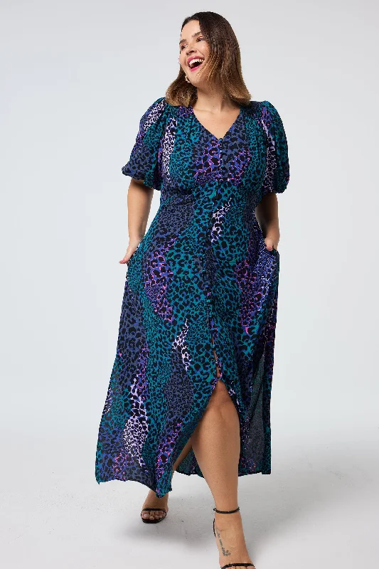 Women's midi dress oversized -Blue with Green Spliced Leopard Puff Sleeve Midi Tea Dress