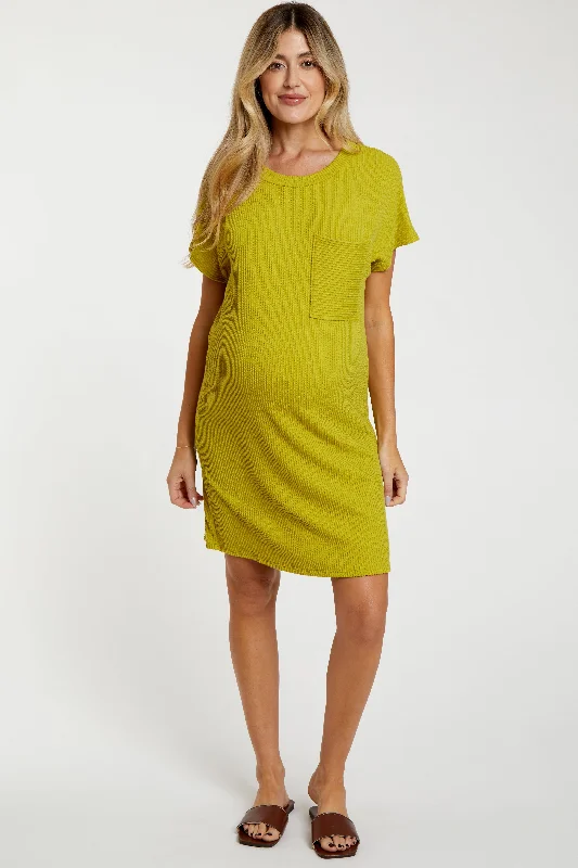 Women's maternity dress solid color -Lime Ribbed Front Pocket Dolman Short Sleeve Maternity Dress