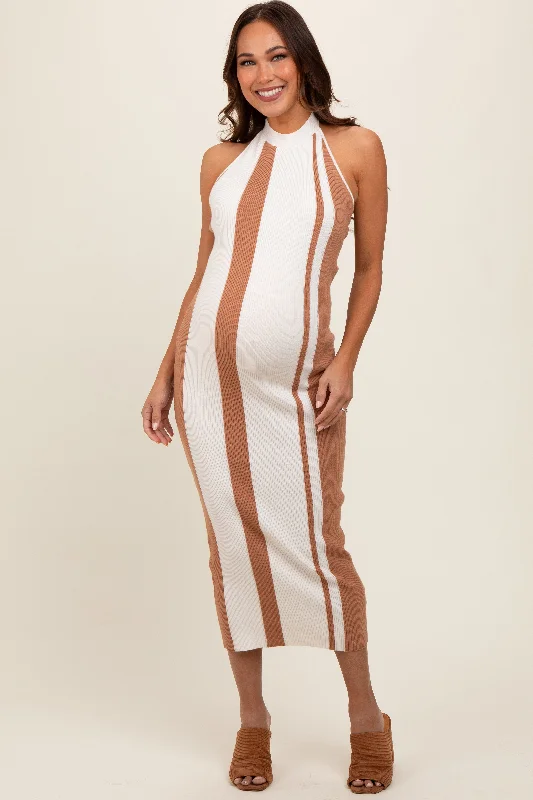 Women's maternity dress red -Cream Stripe Ribbed Maternity Halter Dress