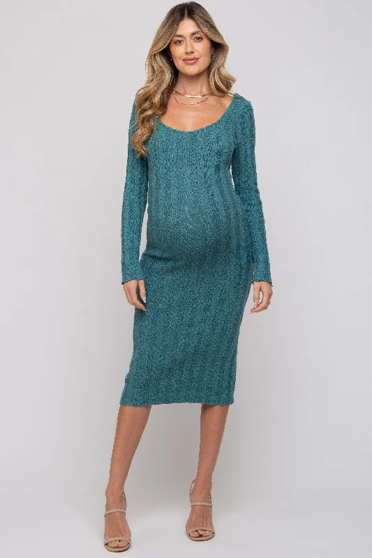 Women's maternity dress bamboo -Teal Long Sleeve Knit Maternity Sweater Dress