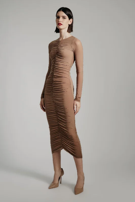 Ladies maxi dress effortless style -Jaya Mesh Maxi Dress - Tan