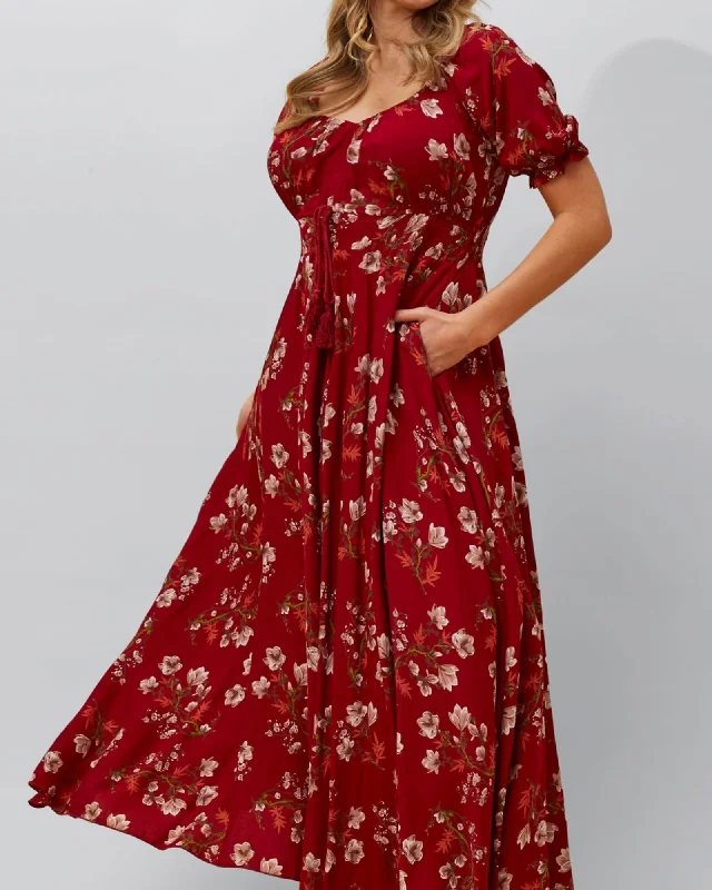 Ladies maxi dress sand -Carla Maxi Dress Floral Puff Short Sleeves | Red