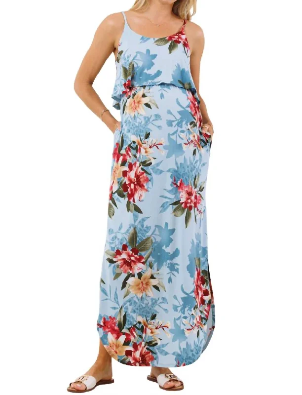 Women's maternity dress cheap -Floral Overlay Maternity Nursing Dress In Blue