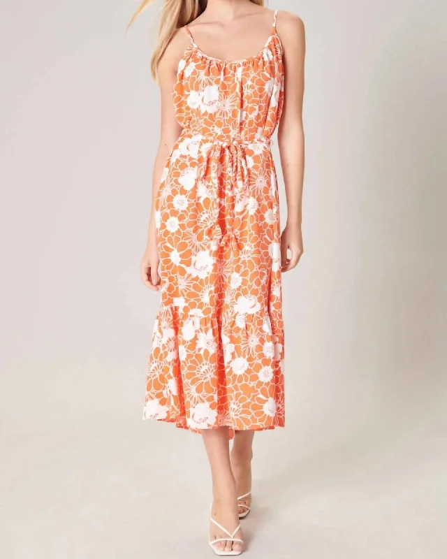 Women's midi dress neon -Apricot Floral Scoop Neck Midi Dress In Orange/White | Orange/White