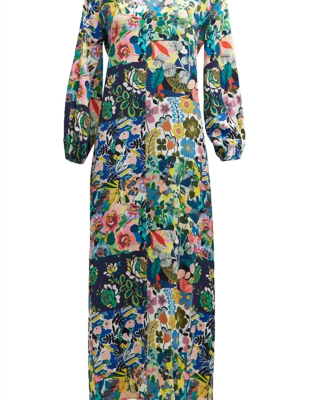 Ladies maxi dress vibrant hue -Puff Sleeve Maxi Dress Cover Up in Blue Multi | Blue Multi