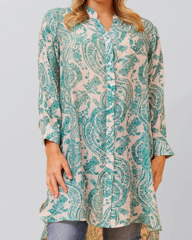 Women's shirt dress soft stripe -Cezanne Tunic Shirt Dress Semi-Sheer Paisley Print | Green