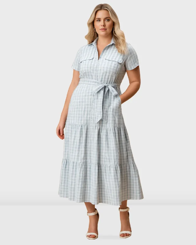 Women's shirt dress subtle collar -Seersucker Stripe Cotton Ruched Tier Shirt Dress |  Sky Blue