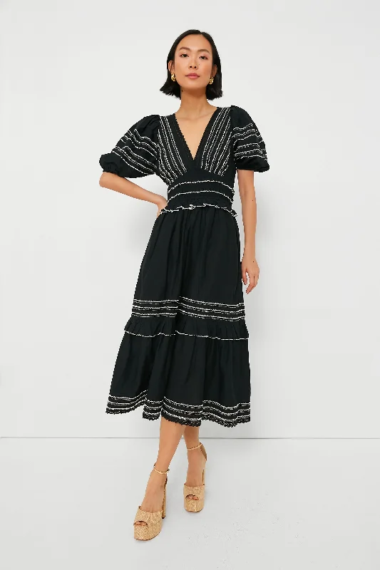 Women's midi dress striped -Black Mable Cambric Puff Sleeve Midi Dress