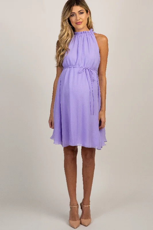 Women's maternity dress spring -PinkBlush Lavender Chiffon High Neck Maternity Dress