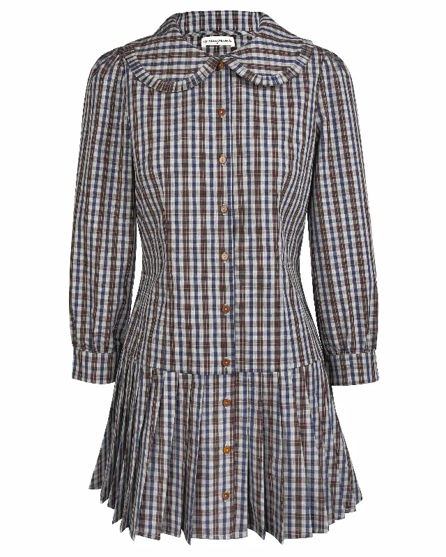 Women's shirt dress tailored linen -Pleat Shirt Dress - Dark Check