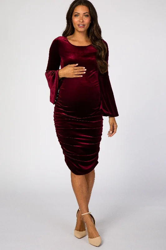 Women's maternity dress breastfeeding -Burgundy Velvet Ruched Bell Sleeve Maternity Dress