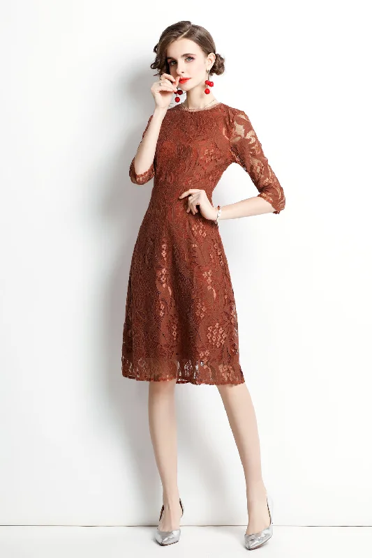 Ladies party dress metallic shine -Brown Cocktail & Party A-line Crewneck Elbow Sleeve Knee Lace Dress