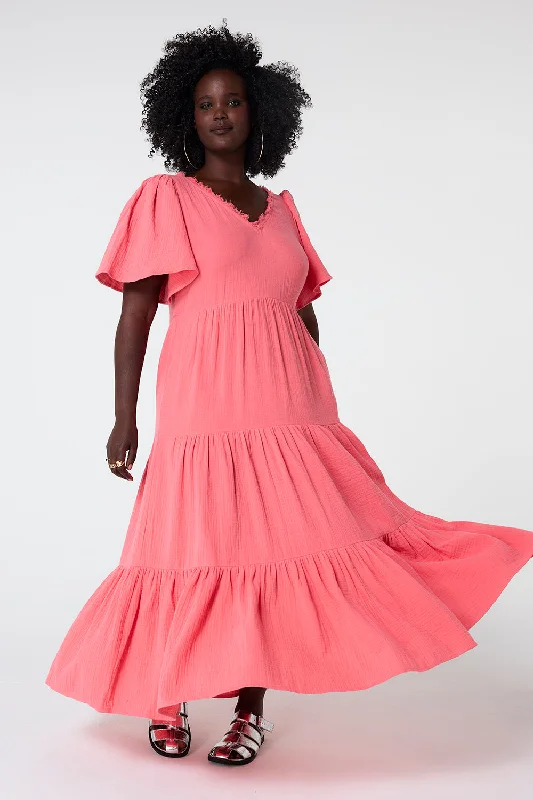 Women's midi dress bright -Coral Flute Sleeve Tiered Midi Dress