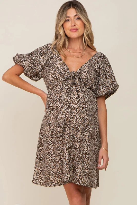 Women's maternity dress everyday -Cream Cheetah Print Knotted Puff Sleeve Maternity Dress