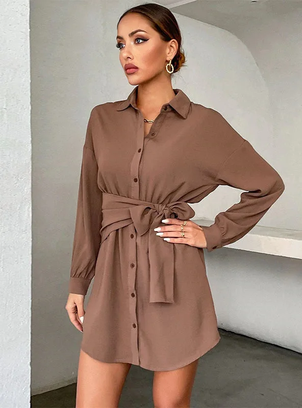 Women's shirt dress casual peach -TastyHottie - CARDIGAN TIE LAPEL LONG SLEEVE SHIRT DRESS