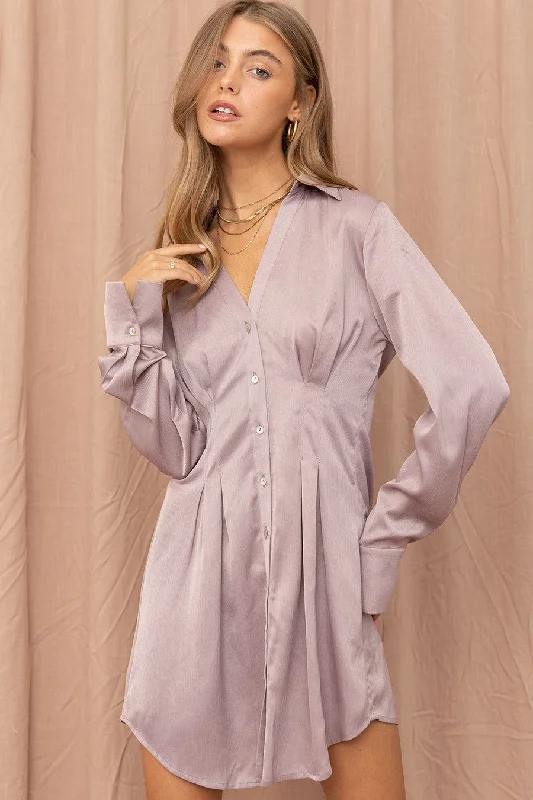 Women's shirt dress flared hem -Ash Lilac Satin Shirt Dress