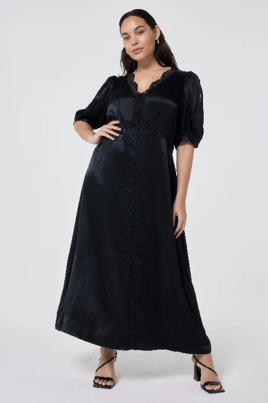 Women's midi dress bell sleeve -Black with Lace Trim Satin Puff Sleeve Midi Tea Dress