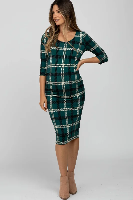 Women's maternity dress monochrome -Forest Green Plaid 3/4 Sleeve Ruched Maternity Dress