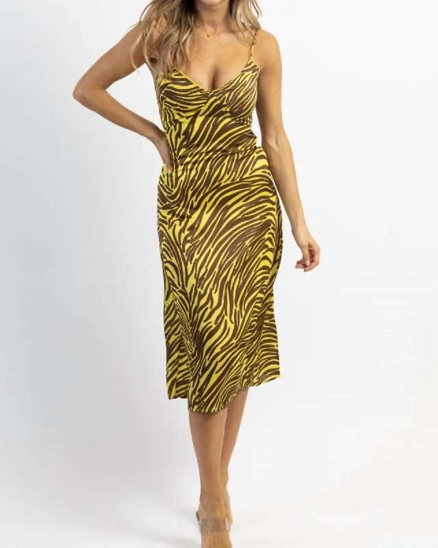 Women's midi dress pastel pink -Zebra Satin Midi Dress In Lime + Brown | Lime + Brown