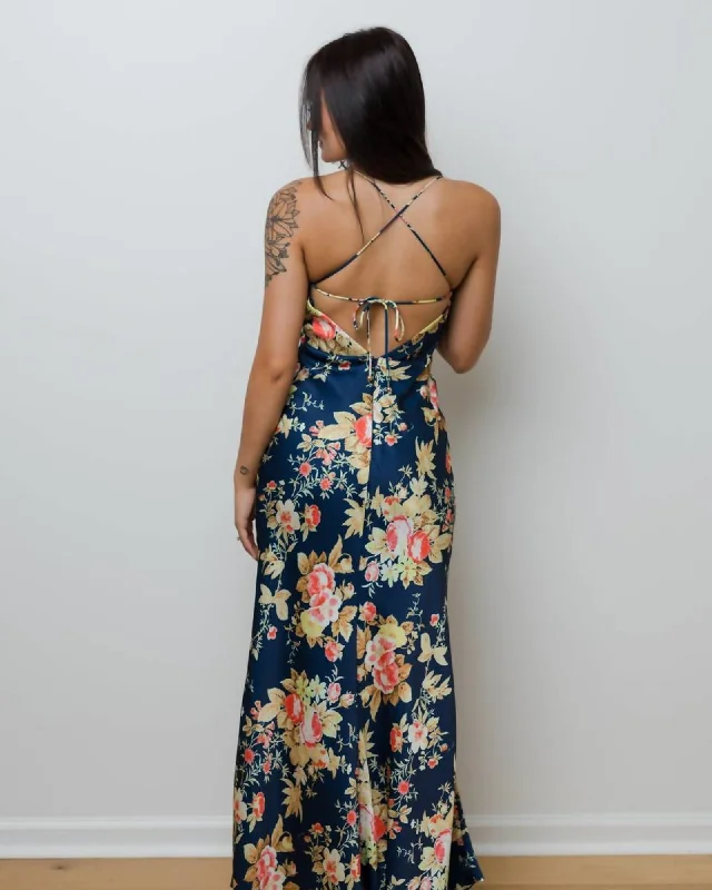 Ladies maxi dress dinner party -Falling Fast Satin Maxi Dress in Navy Floral | Navy Floral