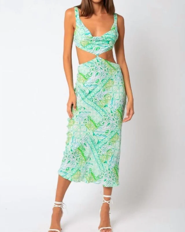 Women's midi dress chiffon -Sandra Cowl Cutout Midi Dress In Green Mint Print | Green Mint Print