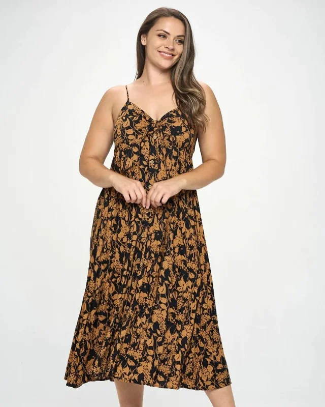 Ladies maxi dress straight -Plus Botanical Print Front Tie Maxi Dress | Brown/Black