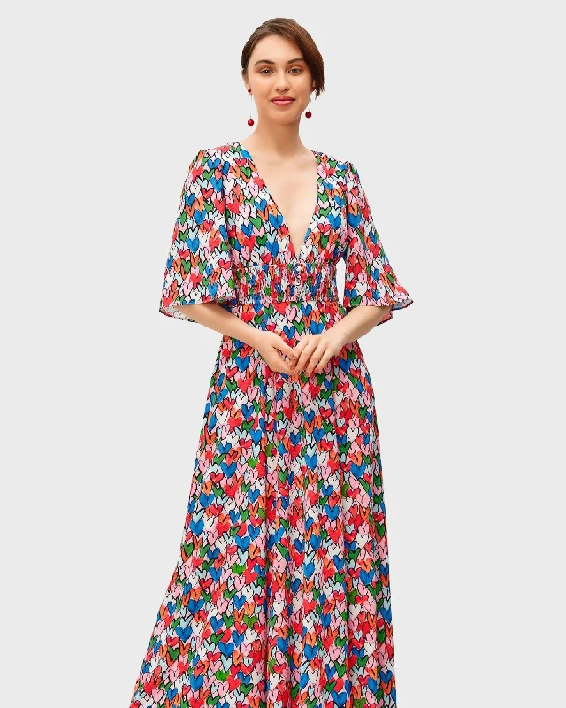 Ladies maxi dress chic -Heart print crepe smocked maxi dress | Pink multi