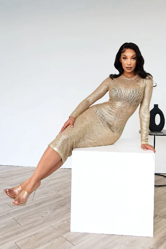 Women's midi dress satin -Gold Rush Metallic Midi Dress