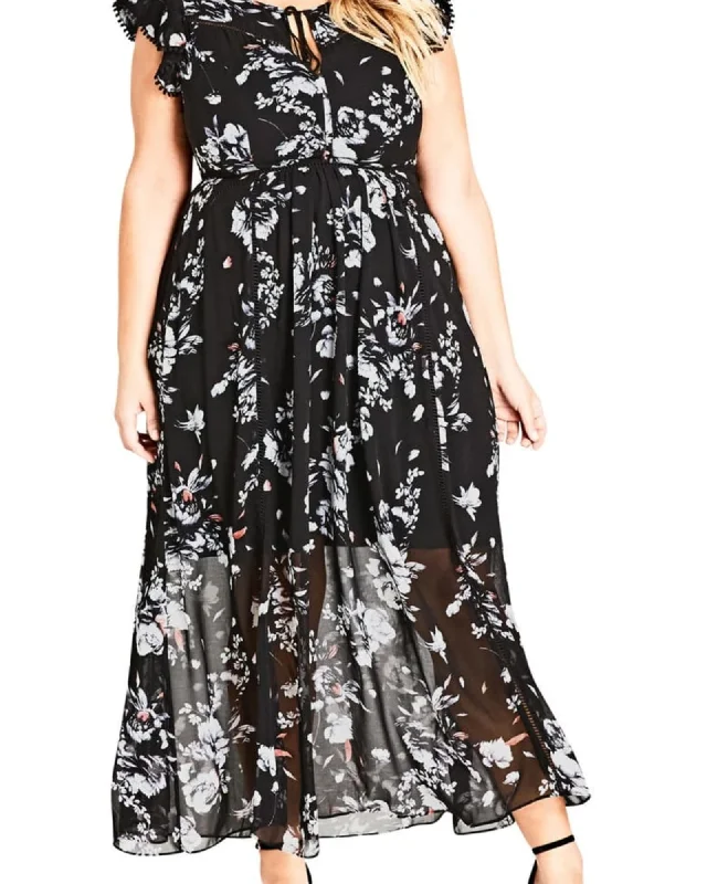 Ladies maxi dress abstract print -City Chic Women's  Trendy Plus Size Flutter-Sleeve Maxi Dress Black Size 18W | Black